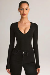 Modal Plunge Long-Sleeve Bodysuit in Black