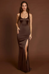 Scoop-Neck Lace-up Back Maxi Dress in Chocolate Brown