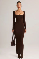 Modal Square-Neck Bodycon Maxi Dress in Chocolate Brown