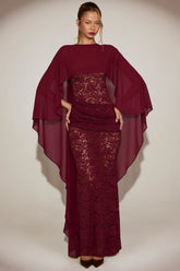 Sheer Chiffon Draped Cape in Wine Red