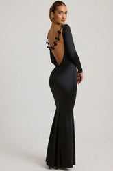 Bow-Detail Ruched Maxi Dress in Black