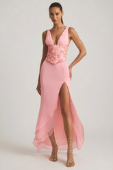 Embellished Plunge Ruffled Corset Maxi Dress in Pink