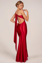 Asymmetric Tie-Back Gown in Rose Red
