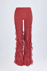 Ruffled Mid-Rise Flared Trousers in Red Print
