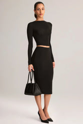 Modal Mid-Rise Pencil Midi Skirt in Black