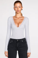 Ribbed Modal Long-Sleeve Plunge Bodysuit in Grey