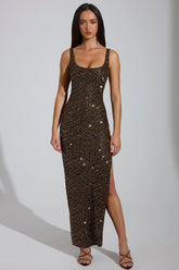Embellished Scoop-Neck Thigh-Split Maxi Dress in Brown