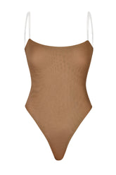 Soft Mesh Clear Strap Bodysuit in Almond