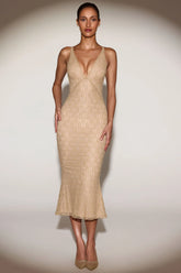 Metallic Lace Plunge-Neck Backless Midaxi Dress in Gold