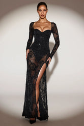 Embellished Bodysuit Corset Gown Dress in Black