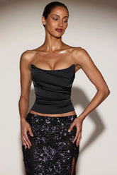 Satin Draped Lace-Up Corset Top in Black Purple