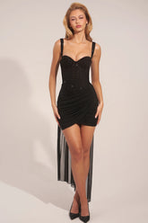 Corseted Draped Mini Dress in Black