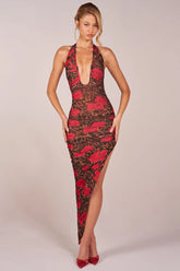 Halterneck Split Hem Midaxi Dress in Rose Leopard Print
