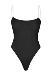 Soft Mesh Clear Strap Bodysuit in Black