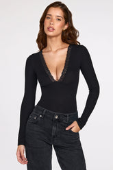 Ribbed Modal Long-Sleeve Plunge Bodysuit in Black