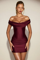 Satin Off-Shoulder Draped Mini Dress in Wine Red