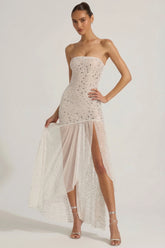 Semi-Sheer Embellished Asymmetric Maxi Dress in White
