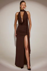 Stretch-Jersey Plunge Halterneck Maxi Dress in Chocolate Brown