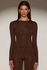 Embellished Crew-Neck Long-Sleeve Top in Chocolate Brown