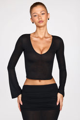Sheer Jersey Plunge Long-Sleeve Top in Black