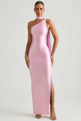 Asymmetric Scarf-Detail Maxi Dress in Soft Pink