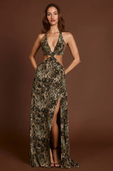 Plunge Cut-out Maxi Gown in Leopard Print