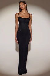 Sheer Embellished Backless Maxi Dress in Black