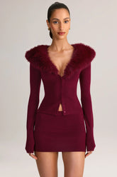 Knit Faux-Fur-Trim Cardigan in Wine
