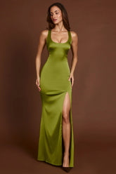 Scoop-Neck Lace-up Back Maxi Dress in Olive Green