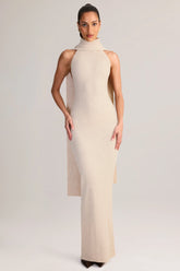 Rib-Knit Scarf-Detail Halterneck Maxi Dress in Cream