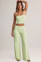 Modal Foldover Wide-Leg Trousers in Sage Green