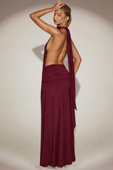Soft-Jersey Halterneck Backless Maxi Dress in Wine Red