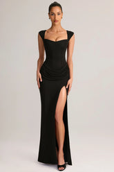 Modal Sweetheart-Neck Cowl-Waist Maxi Dress in Black
