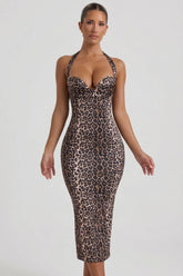 Layered Halterneck Bodycon Midi Dress in Leopard Print
