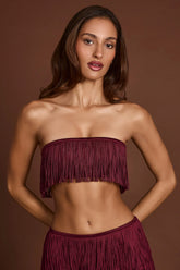 Fringed Bandeau Lace-up Crop Top in Wine Red
