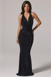 Embellished Cowl-Neck Backless Gown in Black