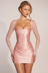 Long-Sleeve Draped Mini Dress in Blush Pink