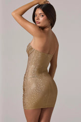 Embellished Bandeau Cowl-Waist Mini Dress in Gold