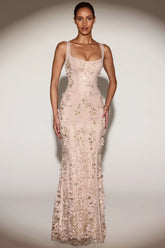 Embellished Appliqué Soft-Scoop Corset Gown in Gold