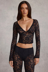 Sheer Lace Plunge-Neck Long-Sleeve Top in Black