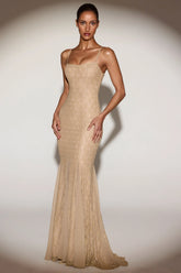 Metallic Lace Godet Fishtail Gown in Gold