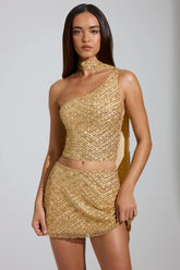 Embellished Asymmetric Scarf-Detail Top in Gold