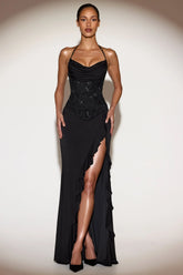 Embellished Cowl-Neck Ruffled Gown Dress in Black