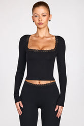 Ribbed Modal Square-Neck Long-Sleeve Top in Black