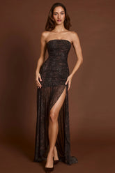 Embellished Bandeau Gathered Maxi Dress in Snake Hotfix