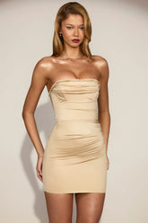 Satin Scalloped-Bandeau Ruched Mini Dress in Champagne
