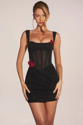 Corseted Draped Skirt Mini Dress in Black