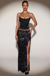 Embellished Mid-Rise Thigh-Split Maxi Skirt in Black Purple