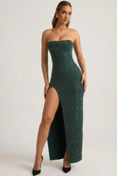 Embellished Strapless Cowl-Neck Maxi Dress in Emerald Green