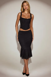 Lace Mid-Rise Fluted Midi Skirt in Black